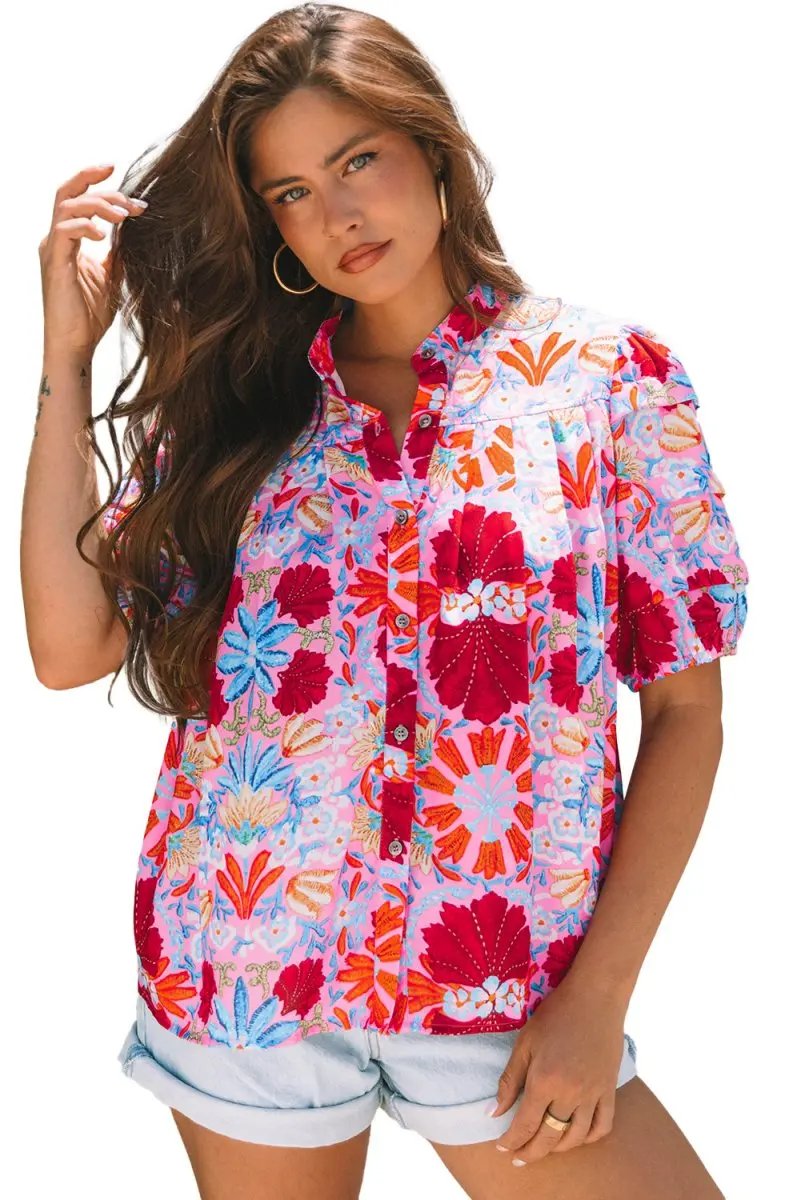 Pink Floral Print Bubble Sleeve Button Up Pleated Shirt - Love Salve